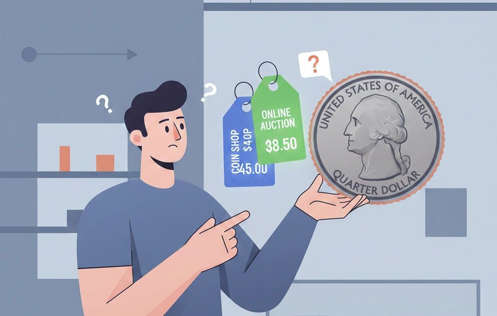 A collector comparing price tags next to a 1980 quarter