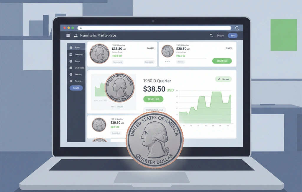 A laptop screen showing coin prices with a 1980 quarter in the foreground