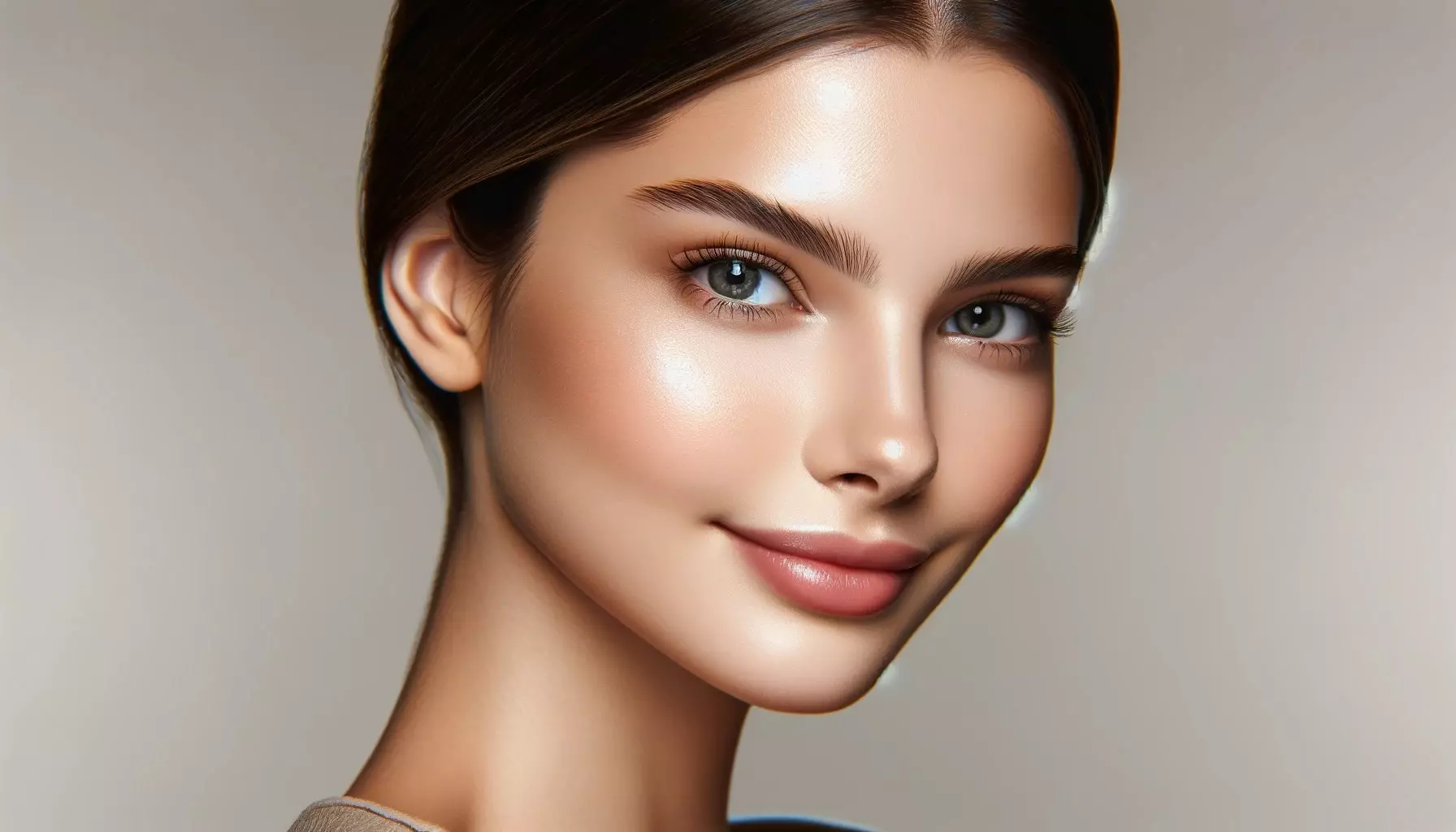 beauty model, front side view, showcasing natural makeup and a subtle smile.