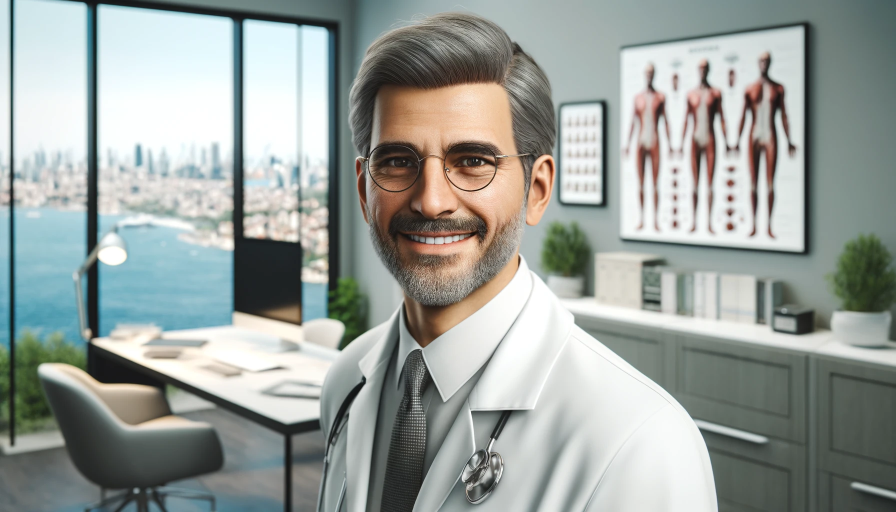 a middle-aged doctor with short grey hair and glasses in a stylish office with a view of Istanbul in the background.