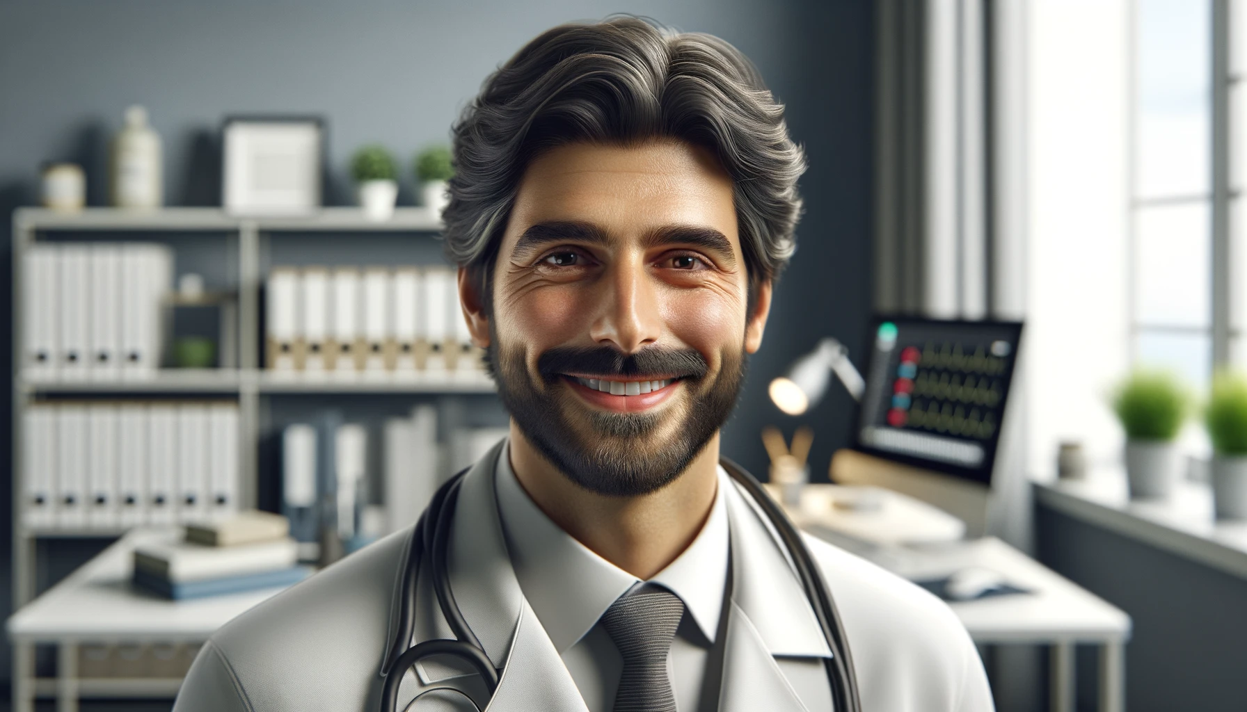 a smiling Turkish doctor in his office, depicting a middle-aged man with dark hair and a neat beard, wearing a white lab coat.