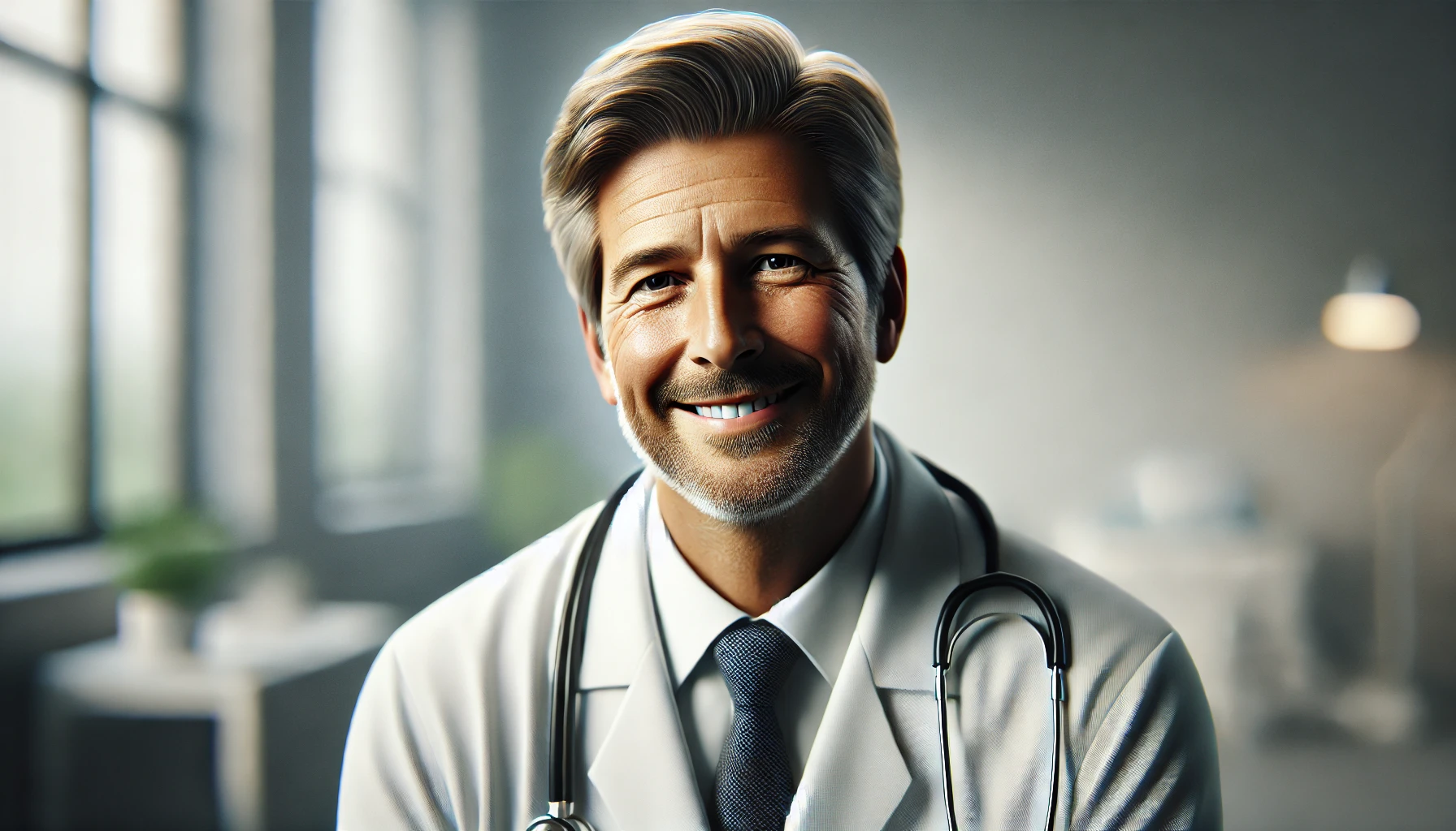 a smiling middle-aged male doctor. He is wearing a white lab coat and a stethoscope around his neck.