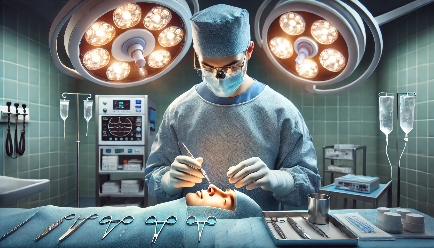 кваліфікований пластичний хірург виконує вторинну ринопластику в сучасній стерильній операційній.
