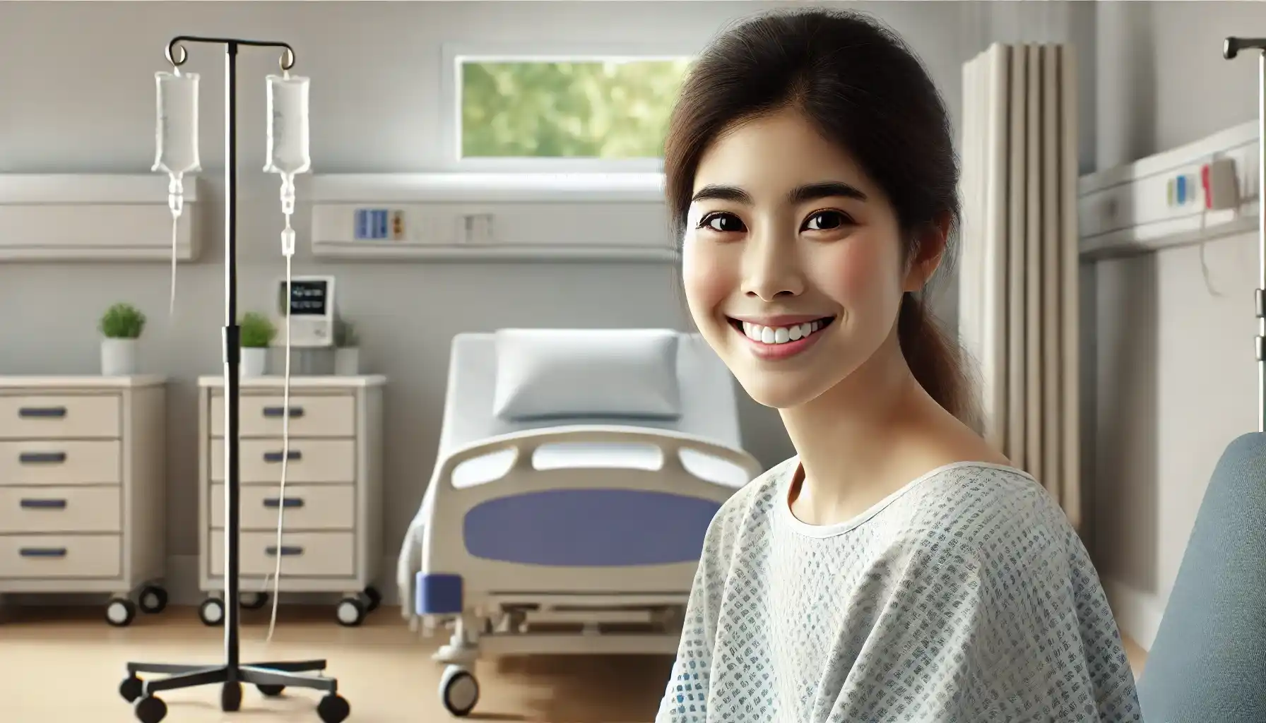 an Asian smiling young woman in her mid-20s sitting in a modern hospital room.