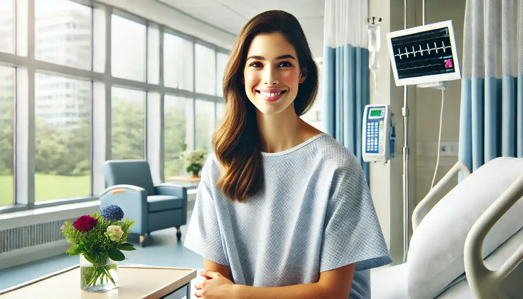 a woman in her 30s with a warm smile, sitting in a modern hospital room. She is wearing a light blue hospital gown. 