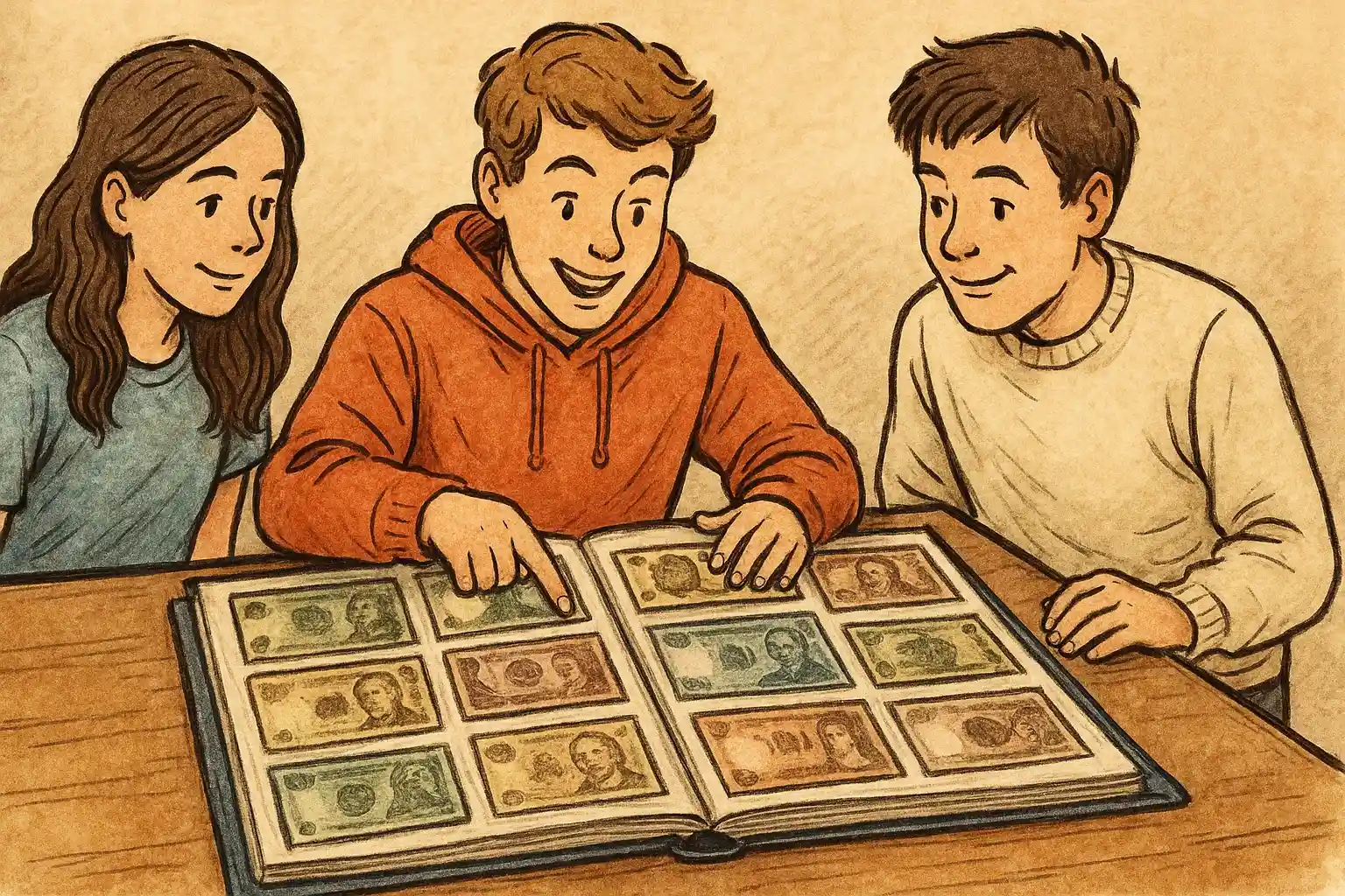 A boy shows his paper money collection to friends.
