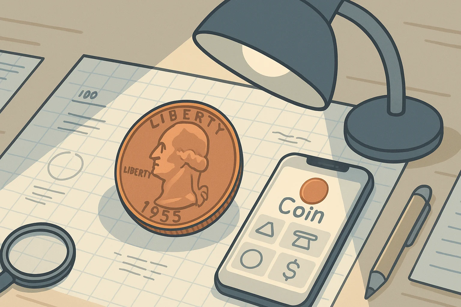 An old coin lies near the smartphone with an opened coin scanning app.