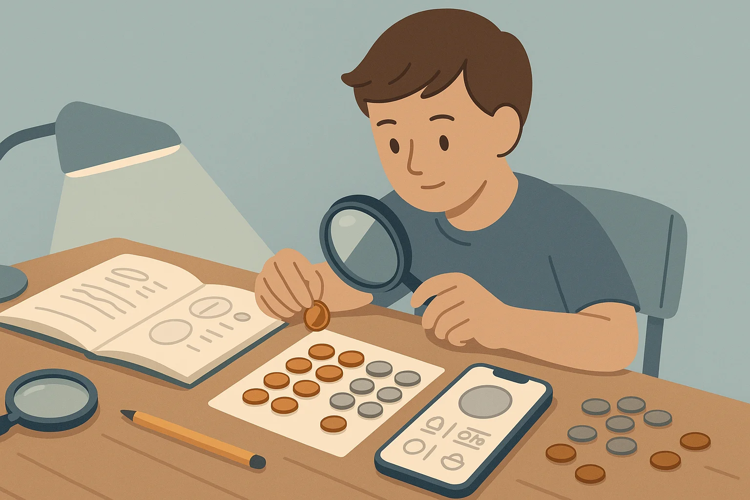 A student sorts coins with patience.