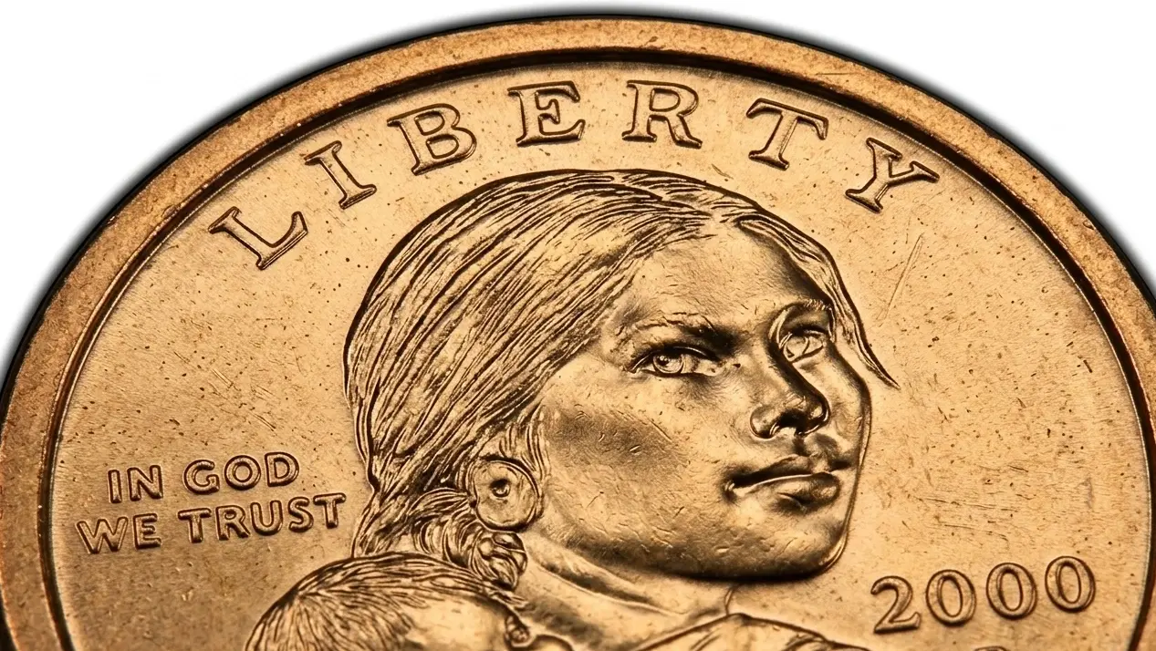 Extreme close-up of 2000 Liberty gold coin lettering and design