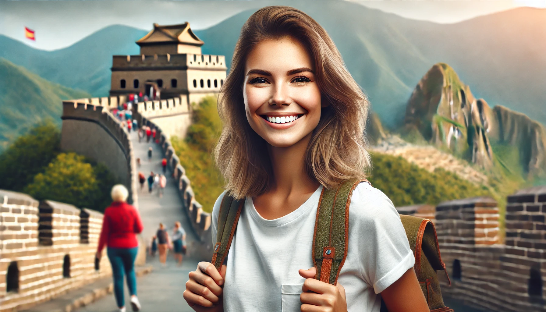a smiling woman standing in front of the Great Wall of China.
