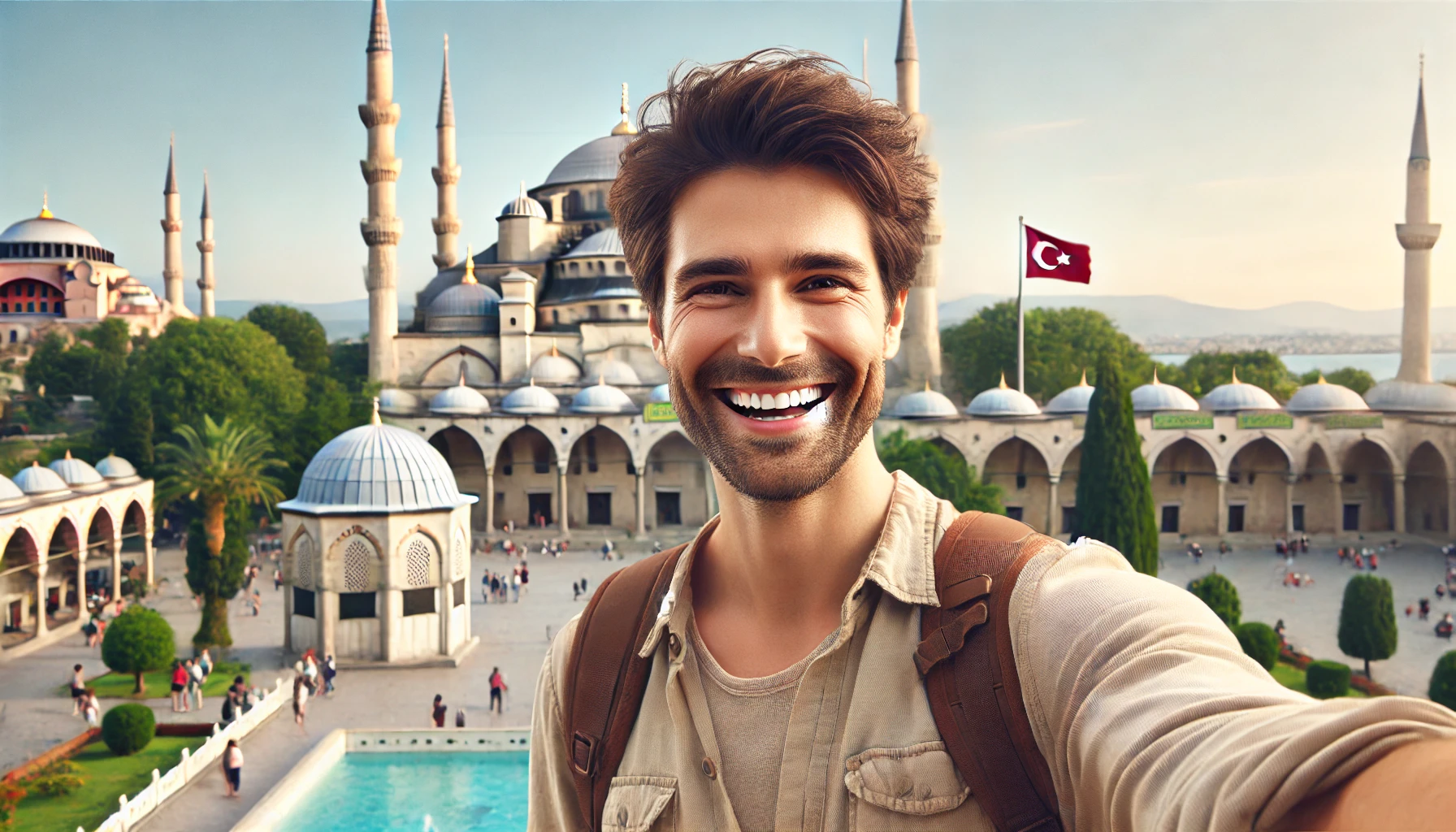a smiling man standing in front of the Blue Mosque or Pamukkale, Turkey.
